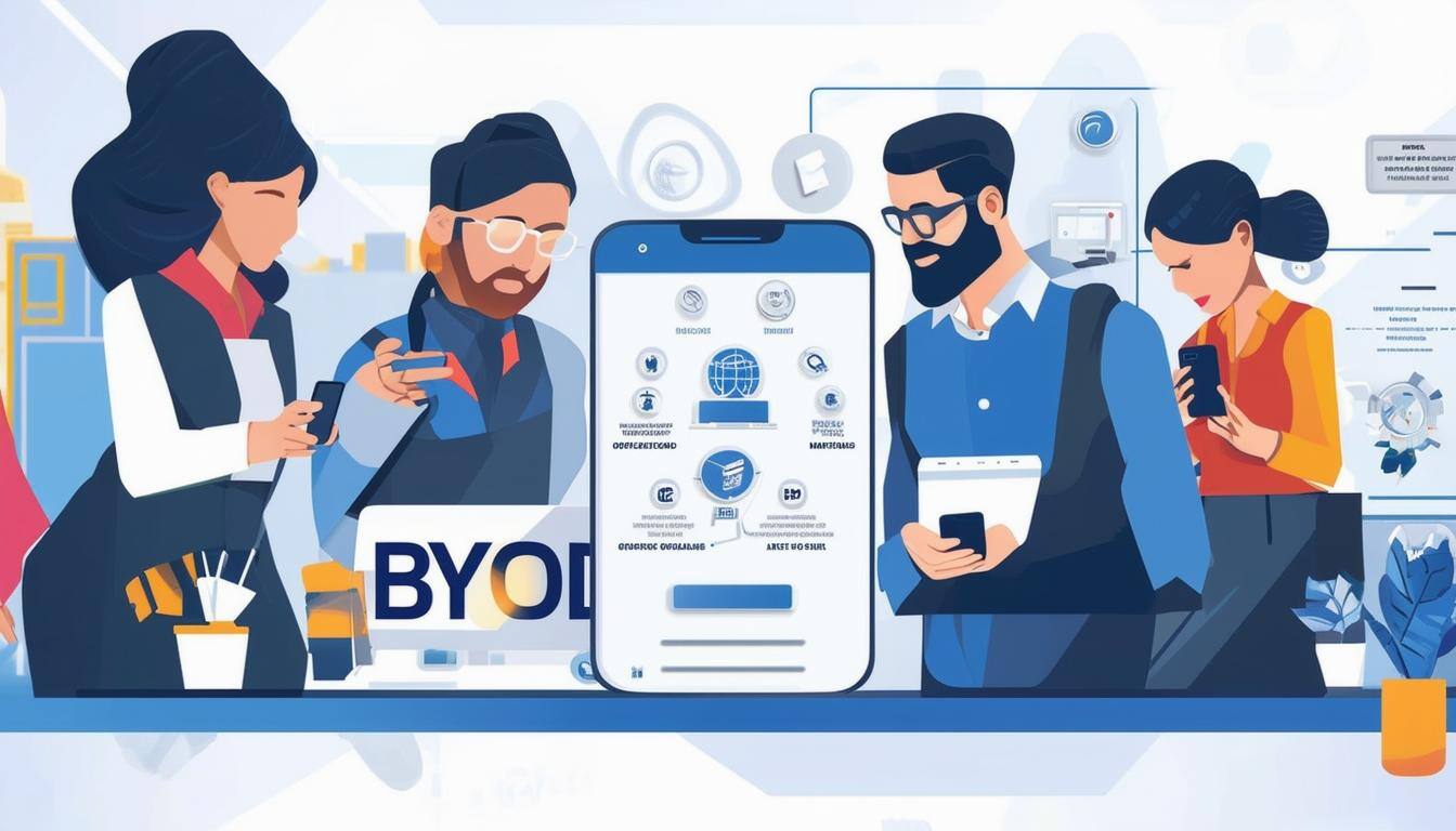 A detailed image of the concept of Bring Your Own Device BYOD in a professional setting, showing frontline employees using their personal smartphones